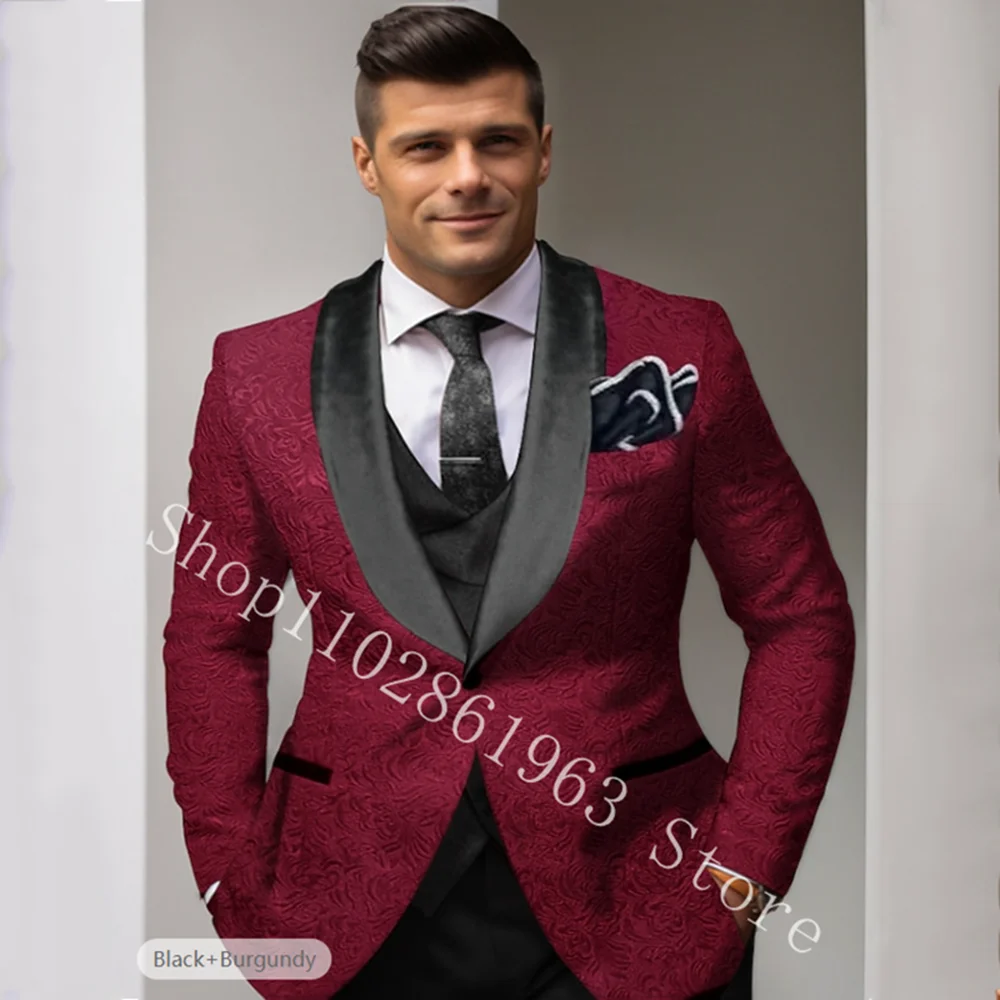 

Burgundy Floral Wedding Groom Tuxedos 3 piece Slim fit Men Suits Formal Groomsmen Wedding Tuxedo Blazer+Vest+Pants Costume Homme