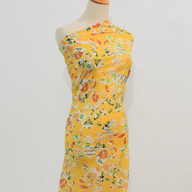 Spring yellow floral dress, printed fabric, robe, summer thin wholesale, high-end fabric, linen fabric