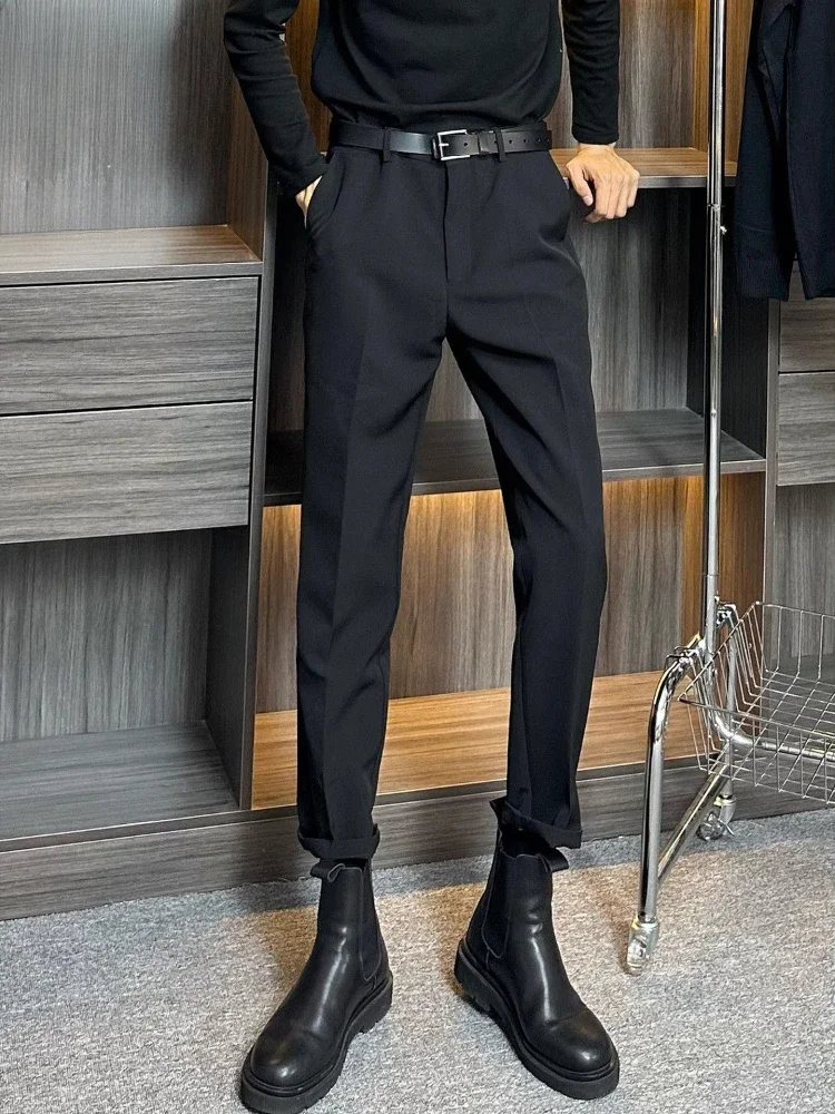 thumbnail image 1 of Pantalones de sastrería social para hombre, pantalones de traje de hombre negros ajustados con rayas, ropa de negocios de alta calidad para primavera, oferta de ropa de trabajo, 1 of 5