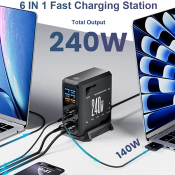 ASOMETECH 240W GaN Fast Charging Station 6 in 1 140W PD3.1 USB Type C PD QC3.0 PPS Desktop Charger For MacBook iPhone 16 Samsung 3