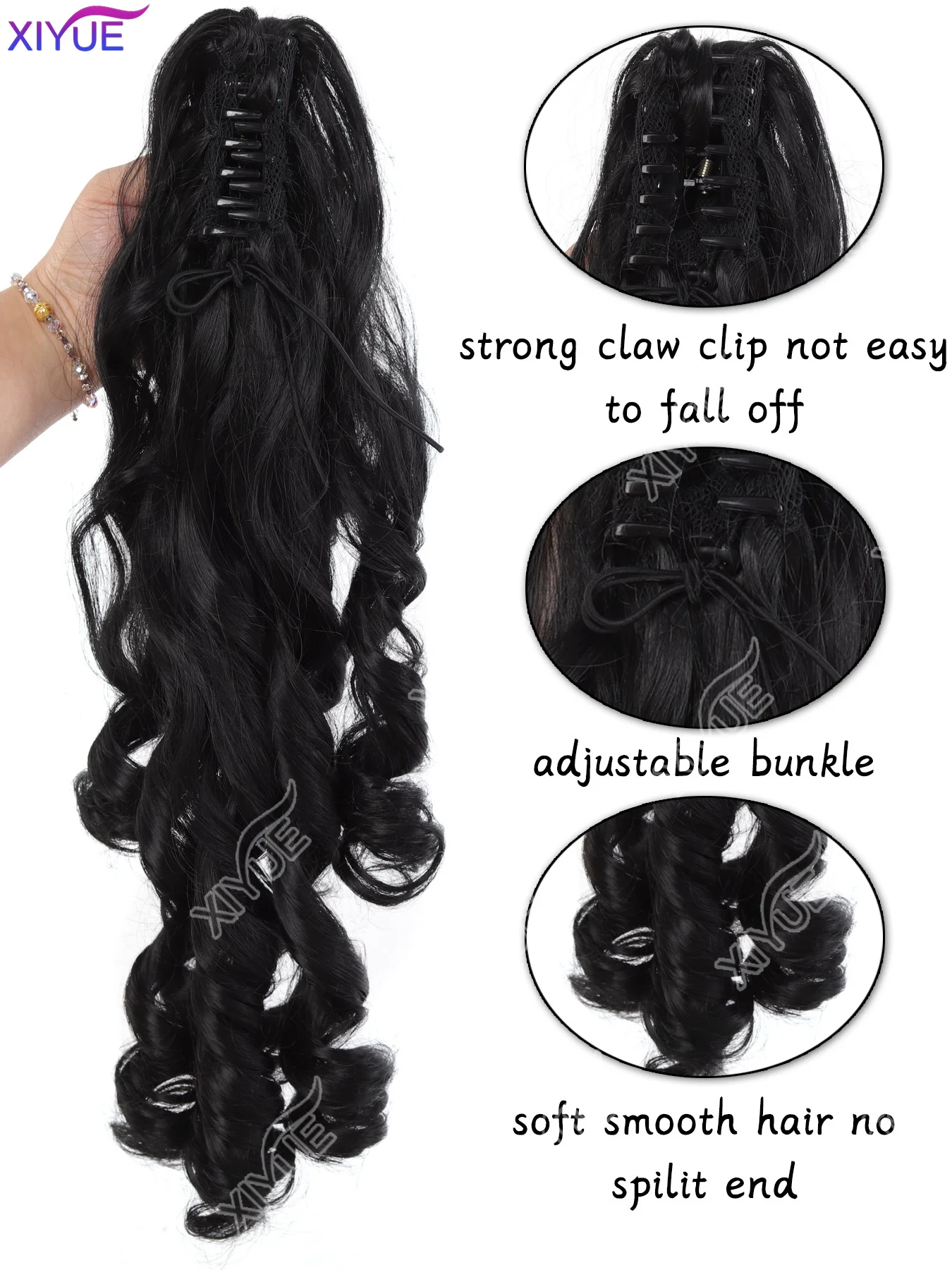 XIYUE 50cm Long Black Curly Clip In Hair Extensions Pieces Pony Tail Synthetic Hair Claw Ponytail for women