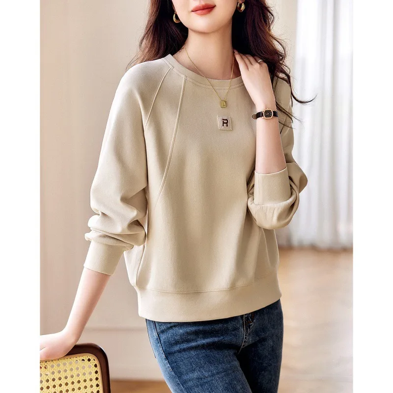 Women's Spring Autumn Solid Pullover Crew Neck Letter Patch Long Sleeve T-shirt Loose Hoodies Casual Vintage Office Lady Tops