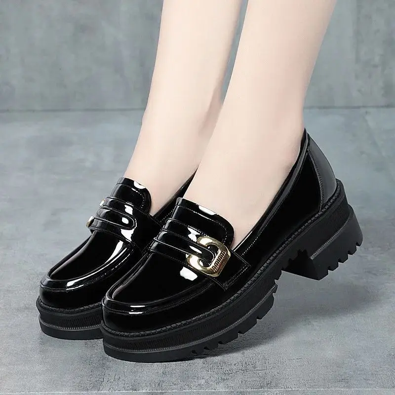 Women 2024 Spring Autumn Deep Mouth High Heels Loafers Patent Leather Chunky Platform Pumps Slip On Black Office Mary Jane Shoes - Image 6