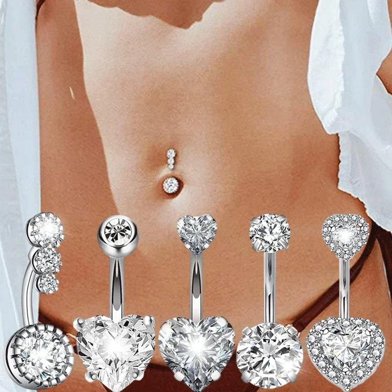 Body Jewelry Surgical Steel Crystal Zircon Flower Heart Dollar Letter Eye Pendant Belly Button Piercing Ring
