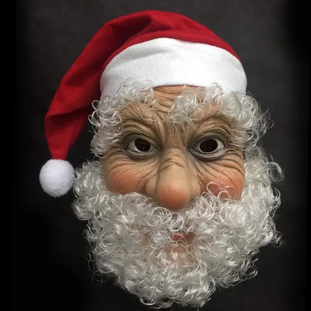 

Christmas Santa Latex Mask Red Santa Hat Beard Overhead Mask Costume Set Props Masquerade Party Fancy Dress Up