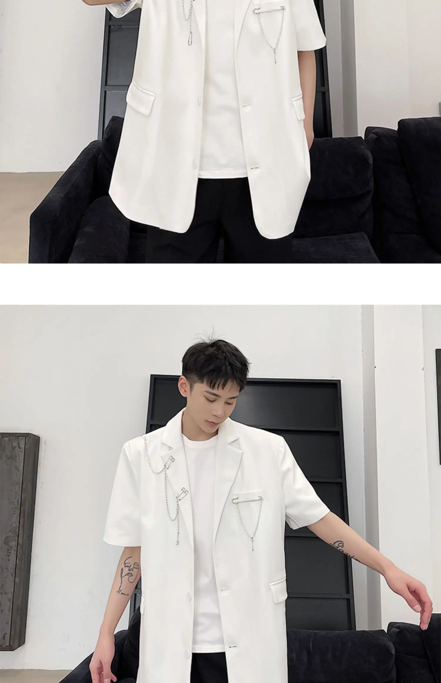 Description Picture 3 of itemLUZHEN Metal Chain Splicing Design Short Sleeve Blazer Coat Men's Original Personality High Street Stylish Male Outwear LZ3764