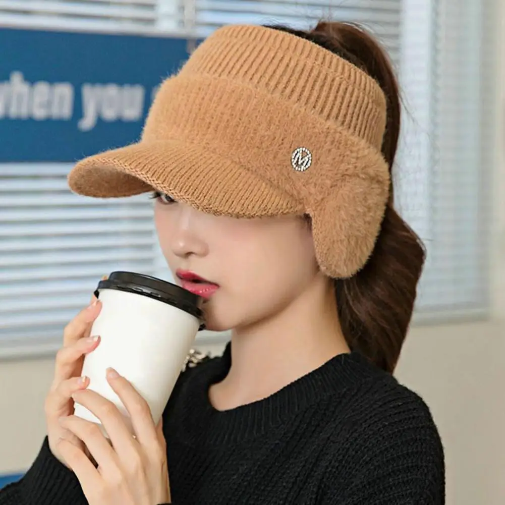 

Women Earflap Hat Solid Color Empty Top Stretch Autumn Winter Windproof Sun Protection Knitted Baseball Hat Riding Supplies