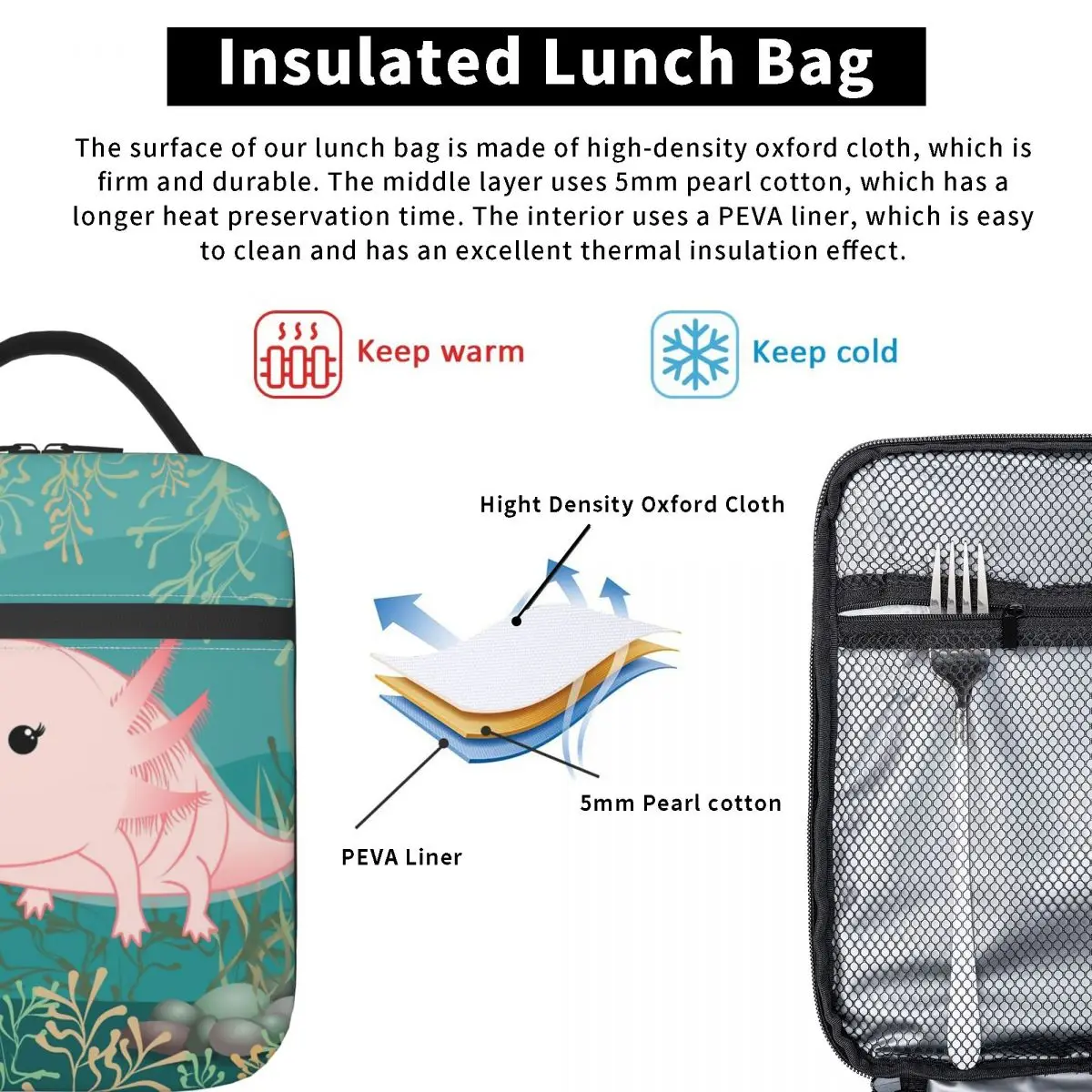 Custom Kawaii Axolotl Baby Lunch Bag Women Cooler Warm Insulated Lunch Boxes for Kids School Children