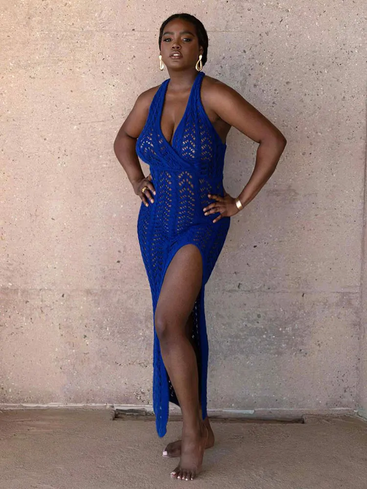 

2023 Woman Knit Cut Out Beachwear Bikini Summer Sexy V Neck Halter Backless Lace-up High Slit Beach Maxi Dress Cover-ups