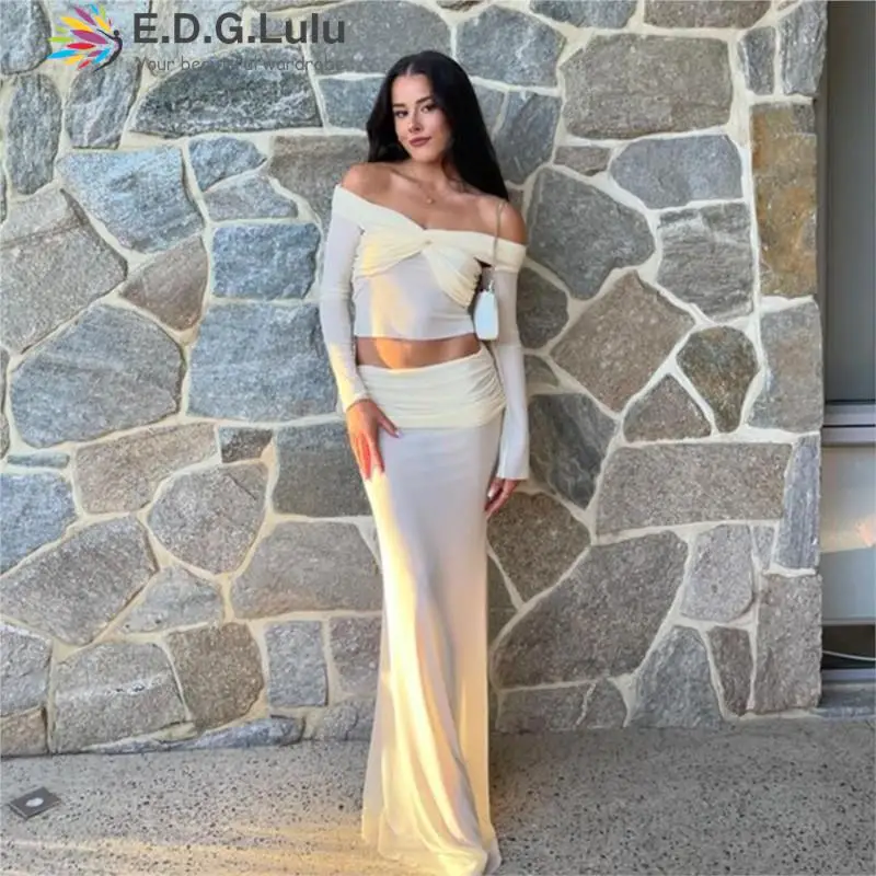 

EDGLuLu 2024 Sexy V-Neck Off Shoulder Long Sleeved Mesh Top+Long Long Mermaid Skitr See Through Mesh Red Two-Piece Set 0423