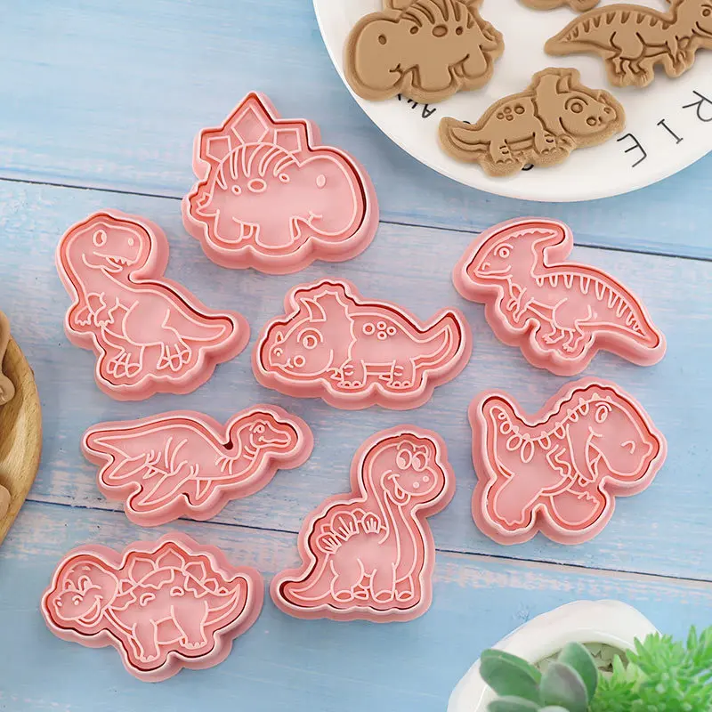 Cartoon Dinosaur Cookies Cutters 8Pcs Set Plastic Pressable Biscuit Mold Confectionery Cookie Stamp Baking Pastry Bakeware Tools
