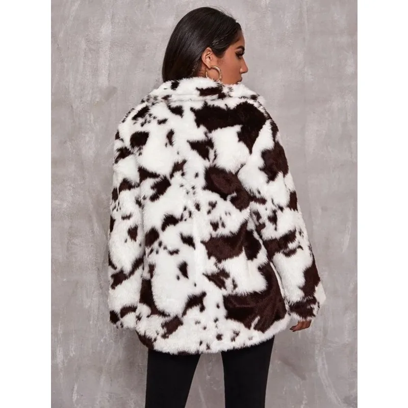 Imitation Fur Jacket for Women's Autumn and Winter Cow Pattern Black and White Women's Jacket Loose Rabbit Fur Jacket