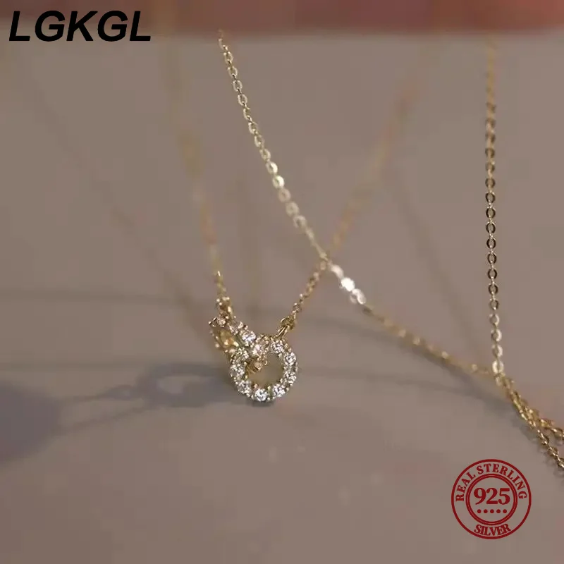 

LGKGL 925 Sterling Silver Necklace 14K Yellow Gold Plated Double Cross Circles of Clear Cubic Zirconia Choker for Women Party