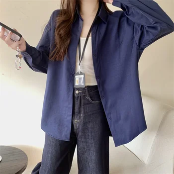 AOSSVIAO النساء قمصان أنيقة 2025 الخريف جديد طويل الأكمام فضفاضة قميص للسيدات بولو مكتب ارتداء زر بلوزة حريمي الصلبة القمم 4