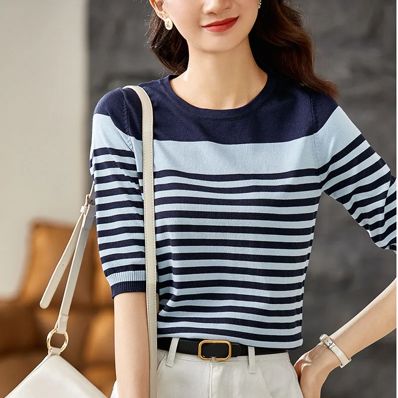 

Striped T Shirt Women Knitted Ladies Tops O Neck Casual Short Sleeve T-Shirts 2023 Summer Woman Clothes Tshirt Fashion Camisetas