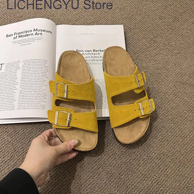 New Summer Women Cork Slipper Casual Beach Double Buckle Non-slip Outside Slip on Slides Shoe