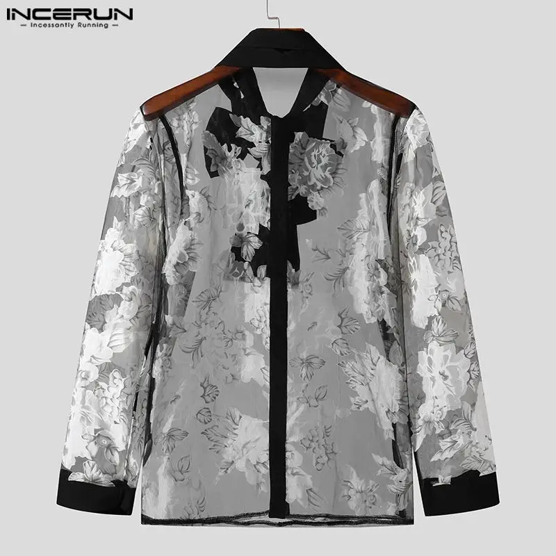 Fashion Sexy New Men Perspective Lace Print Jacquard Tie Shirts Casual Male Hot Sale Long Sleeved Blouse S-5XL INCERUN Tops 2023
