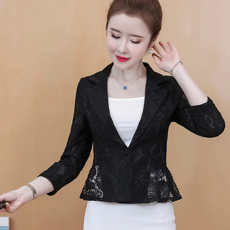 

#5355 Black White Red Lace Jacket Women Thin Hollow Out Irregular Woman Jacket Outerwear Coat Vintage Slim Single Button Summer