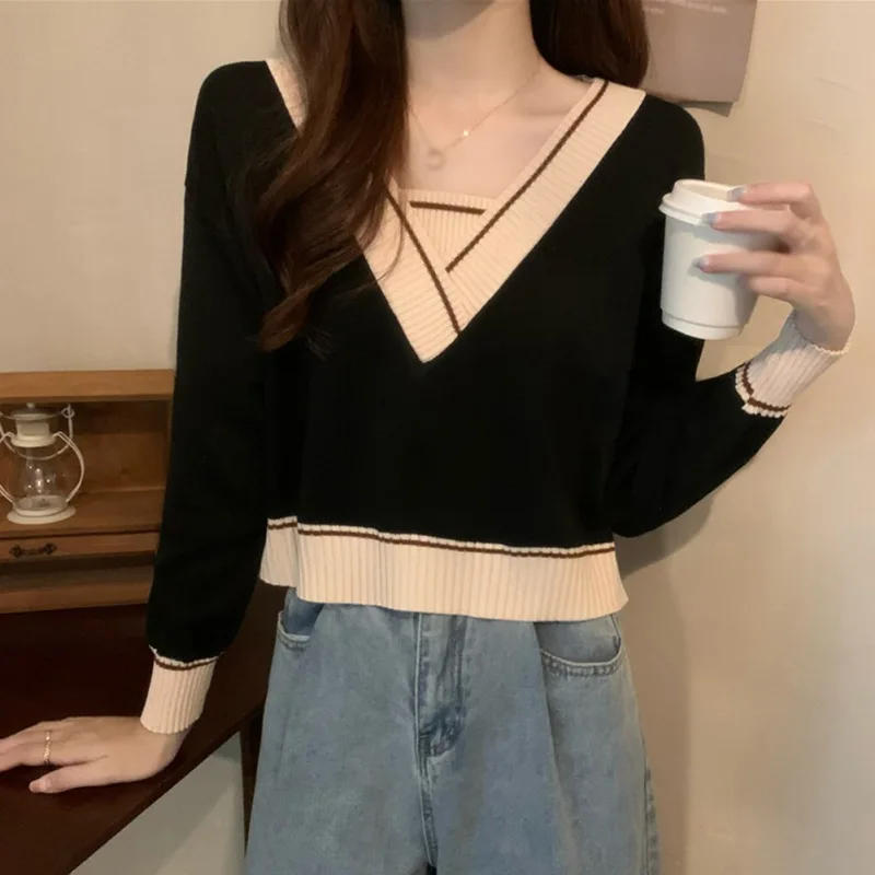 

Pullovers Sweaters For Women Autumn Retro Cropped V-neck Loose Fashion Long Sleeve Jumpers Female Warm Cozy Baggy Ulzzang