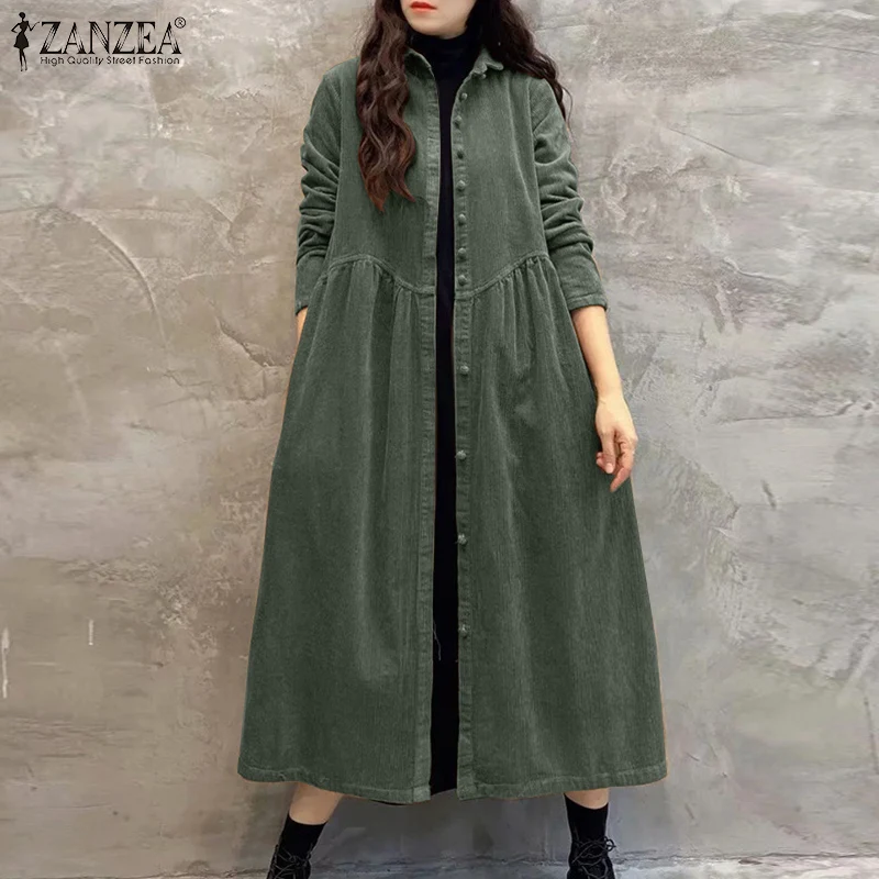 Frauen Herbst Cord Kleid ZANZEA Casual Langarm Buttons Up Sommerkleid Solide Lose Urlaub Vestido Kaftan Vintage Hemd Kleid – Detail 8