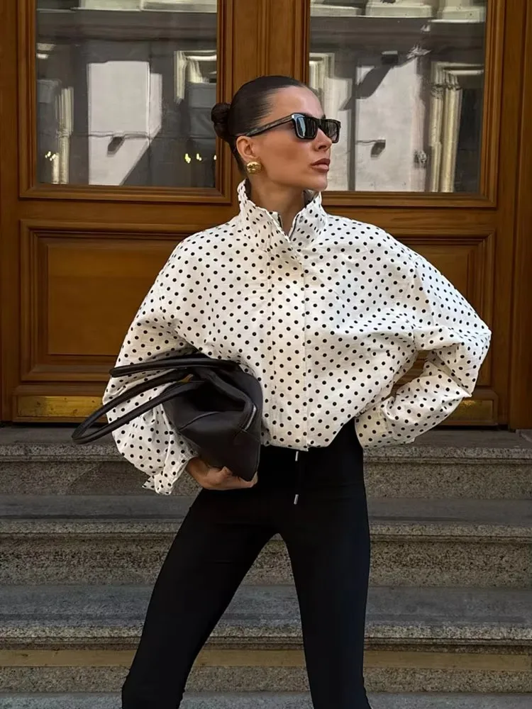 HH Women Vintage Polka Dot Coat Casual Loose Turtleneck Long Sleeve Zipper Jackets Autumn Fashion High Street Lady Outwear