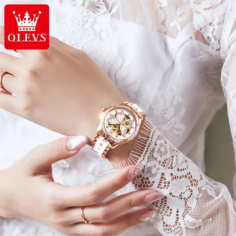 OLEVS Brand New Luxury Ceramic Mechanical Watch for Women Waterproof Fashion Butterfly Dial Diamond Watches Womens Montre Femme