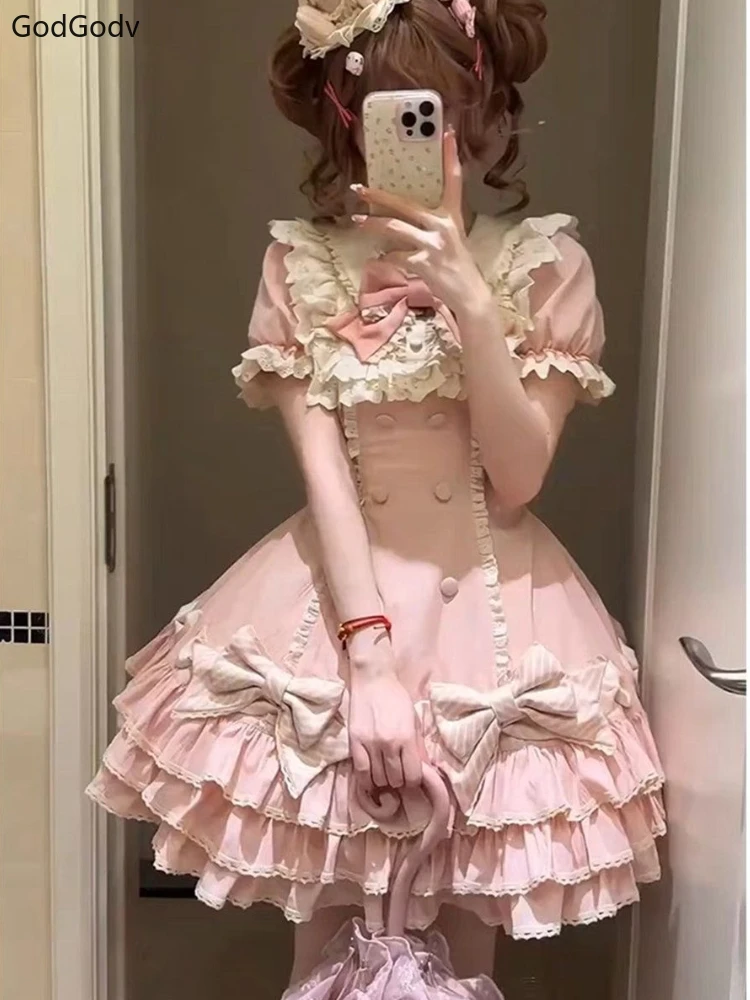 Bye Bye　重ね着風　BIGリボン　姫ロリ　y2k coquette 00s Japanese Sweet Lolita Kawaii Elegant Dress Women Princess