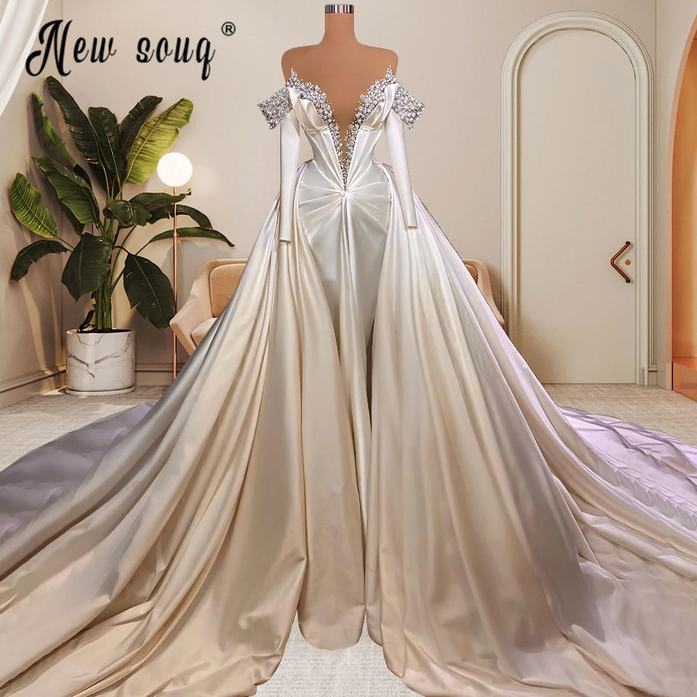 

Elegant Pearls Crystal Mermaid Wedding Dress 2023 High End Strapless Overskirt Satin Beaded Bridal Gown African Robe de mariée