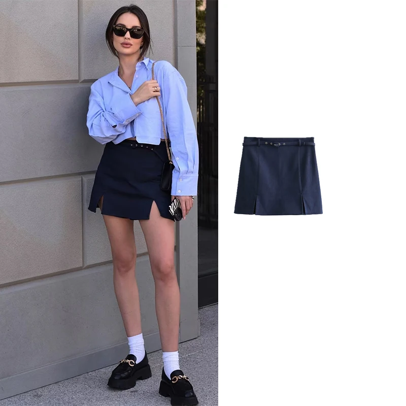 

TRAF Women's Belt High Waist Mini Skirt Shorts Women Summer Slit Short Skirt Woman Fashion Elegant Social Women's Skirts
