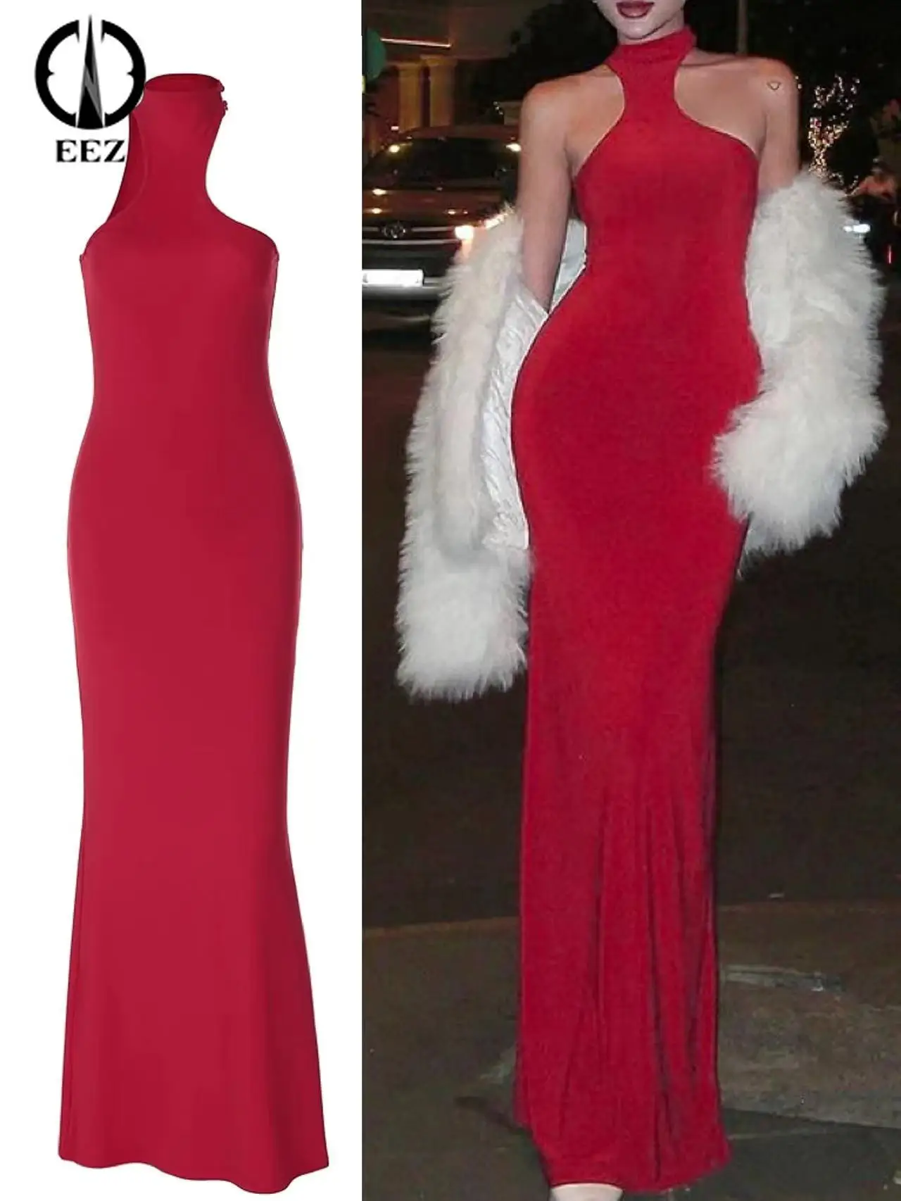 

Women Sexy Design-Conscious Red Neck-hanging Dress 2024 New Summer Party Sleeveless Maxi Dresses Elegant Slim Clubwear Coquette