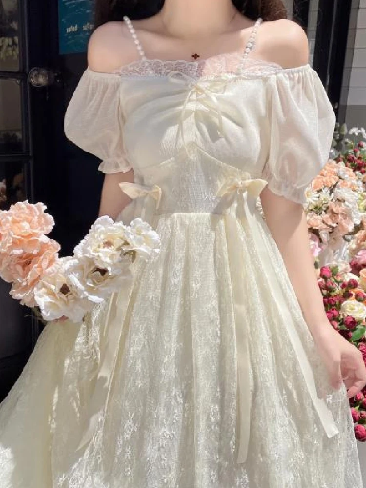 Japanese Kawaii Lolita Style Women Clothing Summer Sweet Puff Sleeves Princess Dress Women Lace Pearl Sling Midi Fairy Dresses