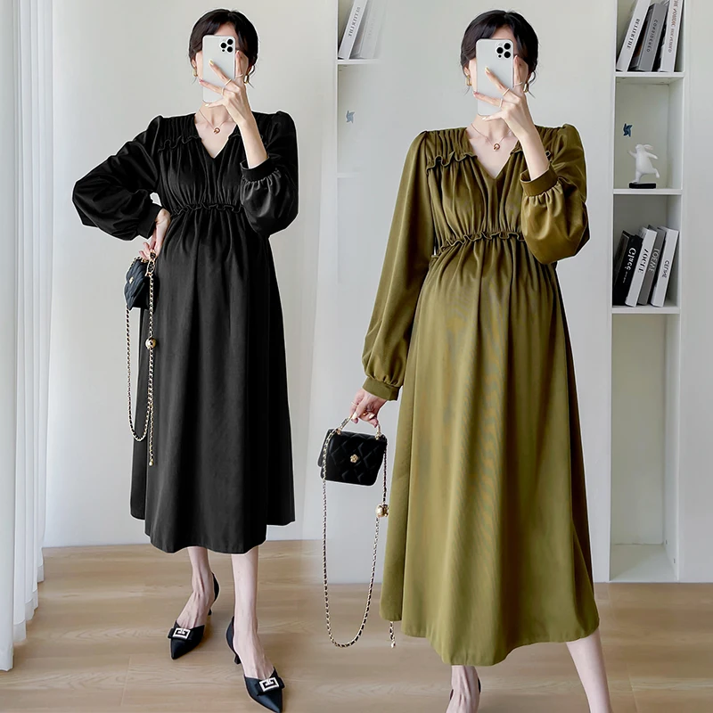 

2024 Autumn/winter Pregnant Women Dress Long Lantern Sleeve V-Neck High Waist Maternity Elegant Dress Party Clothes Black Green