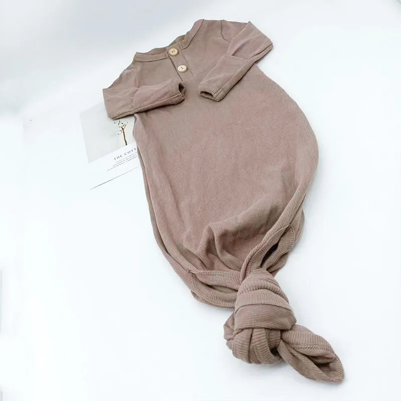 Comfortable Solid Color Baby Boys Ribbed Cotton Gowns Newborn Swaddle Blanket Knotted Sleeping Bag
