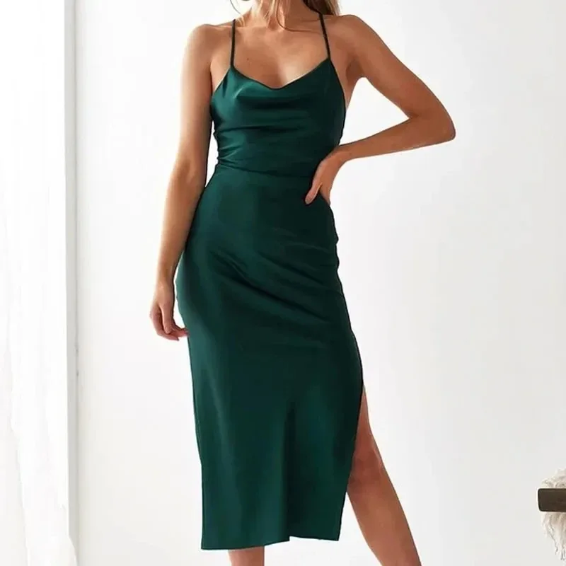 Elegant Satin Long Dresses for Women Green Party Dress Sexy Evening Dress Backless Summer Fashion 2025 New 21796
