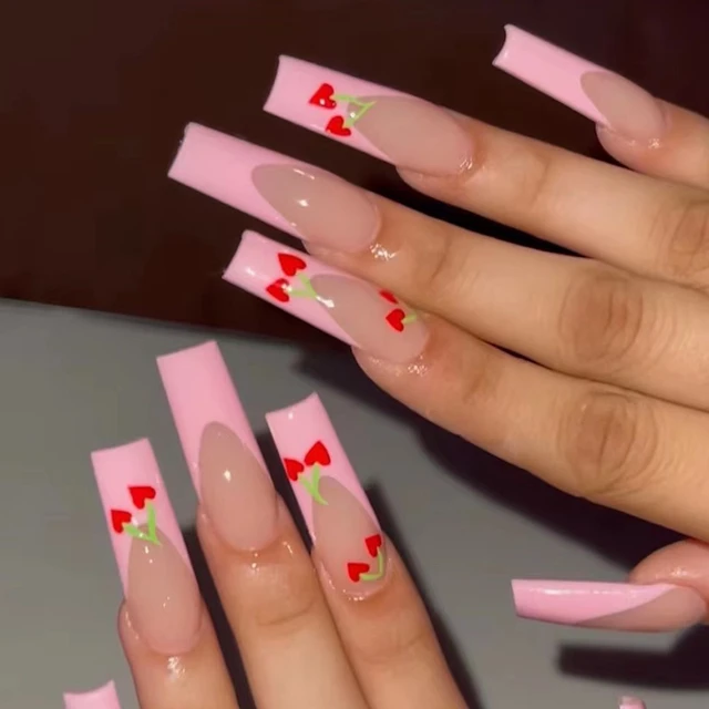 24pcs Kawaii Love Nails Press On Rhinestone Pink Coffin Design Long  Stiletto Fake Nails With Glue False Stick On Tips 24pcs - False Nails -  AliExpress