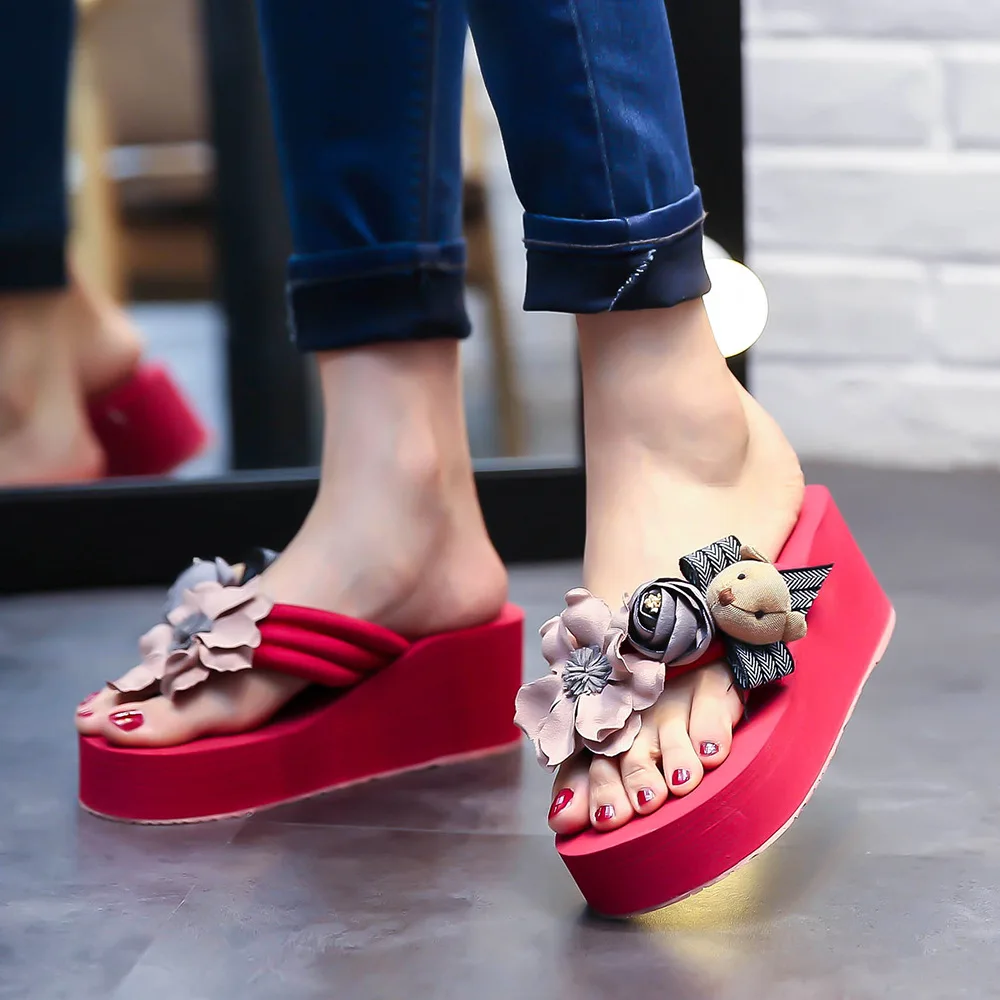 Women Summer Slippers New Slope Heel Flip Flop Fashion Flower Sandal Beach Slippers Heightening Breathable Waterproof Balanced 