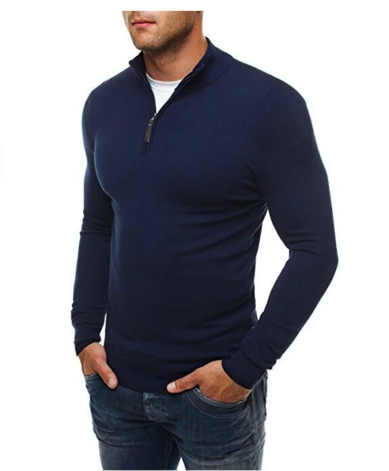 New Men's Classic Zipper High Neck Fashion Casual Solid Fit High Neck Knit Sweater