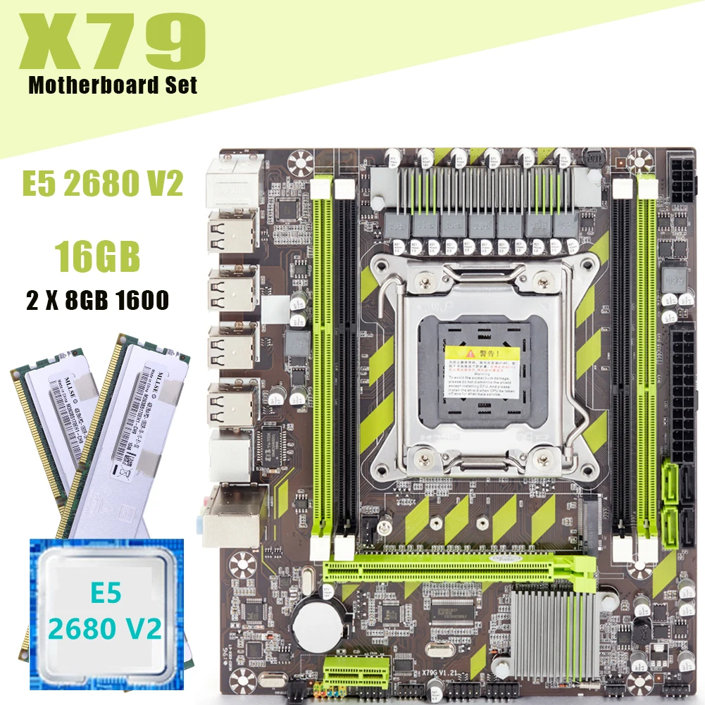 

X79 Kit LGA 2011 Socket M-ATX Motherboard E5 2680 V2 CPU M.2 NVME SSD 16GB 1600Mhz DDR3 ECC for Intel X79 E5 2680V2 Gaming Set