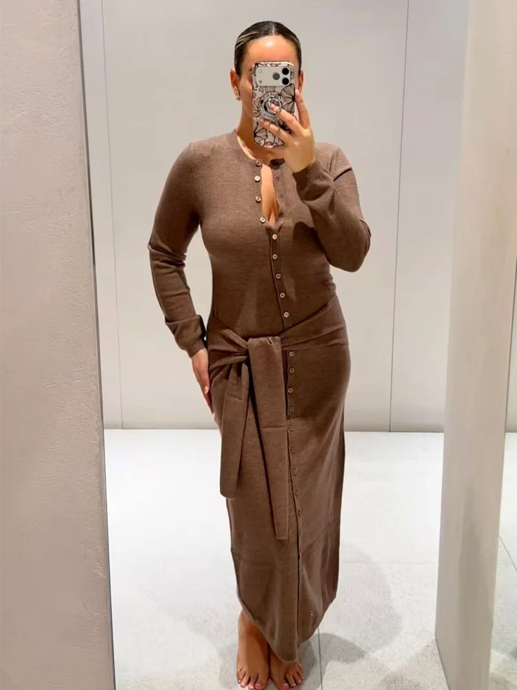 New Women Elegant Chic knitted Dress Long Sleeve Sashes Single Breasted Long Sleeve Midi Dress New Fashion Lady Casual Dress