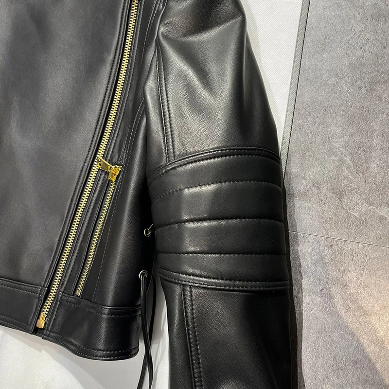 Women Black Sheepskin Fashion Biker Jacket High Quality Genuine Leather Gold Buttons Zipper Coat Chic Vintage Motorcycle Jackets