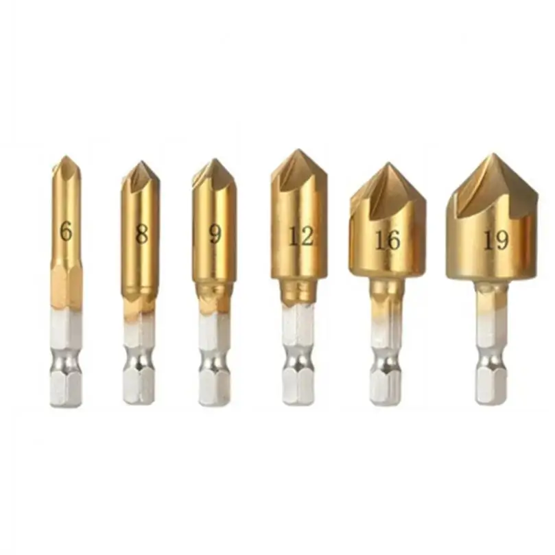 6pcs/set 5 Flute 90 Degree Titanium Coated Countersink Drill Bits for Woodworking 6mm - 19mm  HSS Chamfer Chamfering Cutter