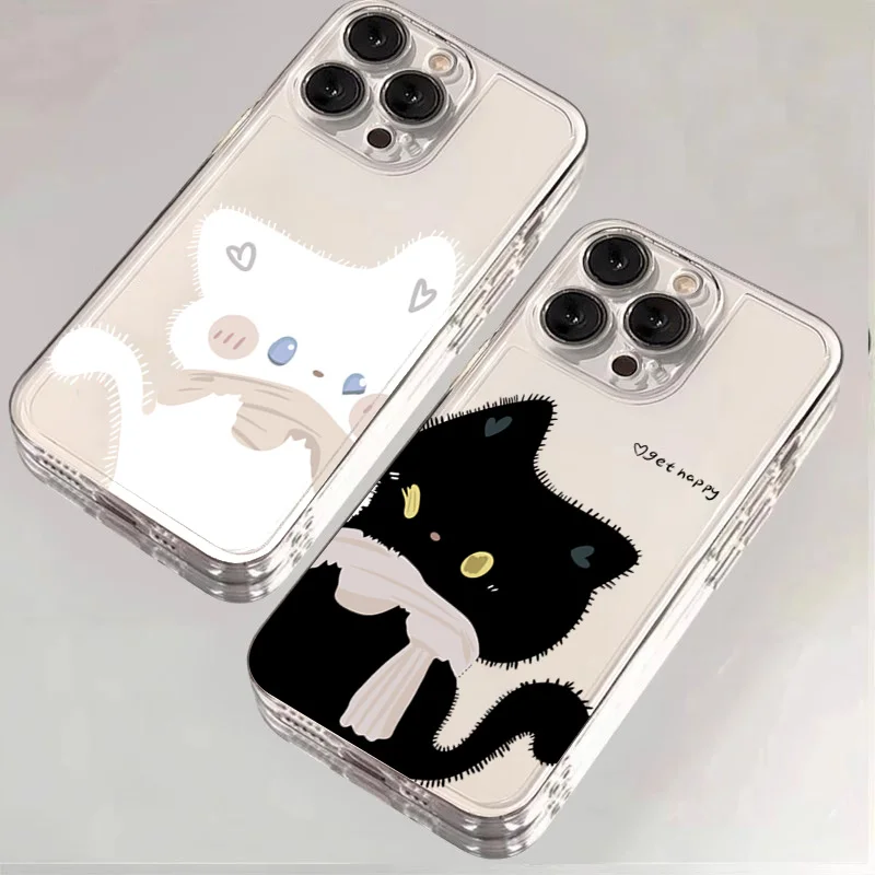 Charming Cartoon Cat Couple Phone Case - Black and White Design