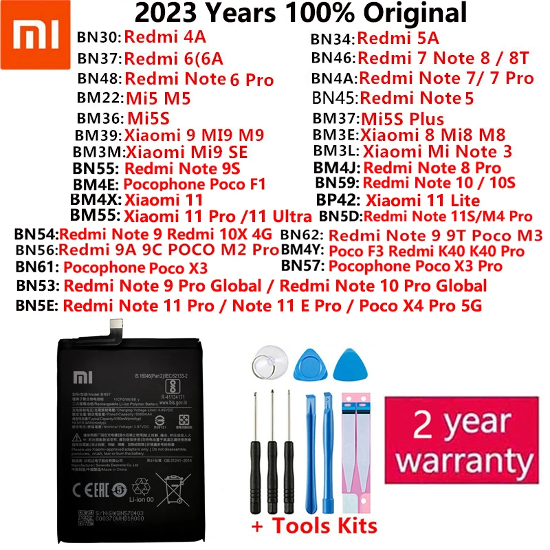 

For Xiaomi Redmi Note Mi 4A K40 5 5A 5S 6 6A 7 8 8T 9 9A 9C 9S 9T 10 10S 10X 11 11S SE Poco F1 M2 M3 F3 X3 4X Plus Pro Battery