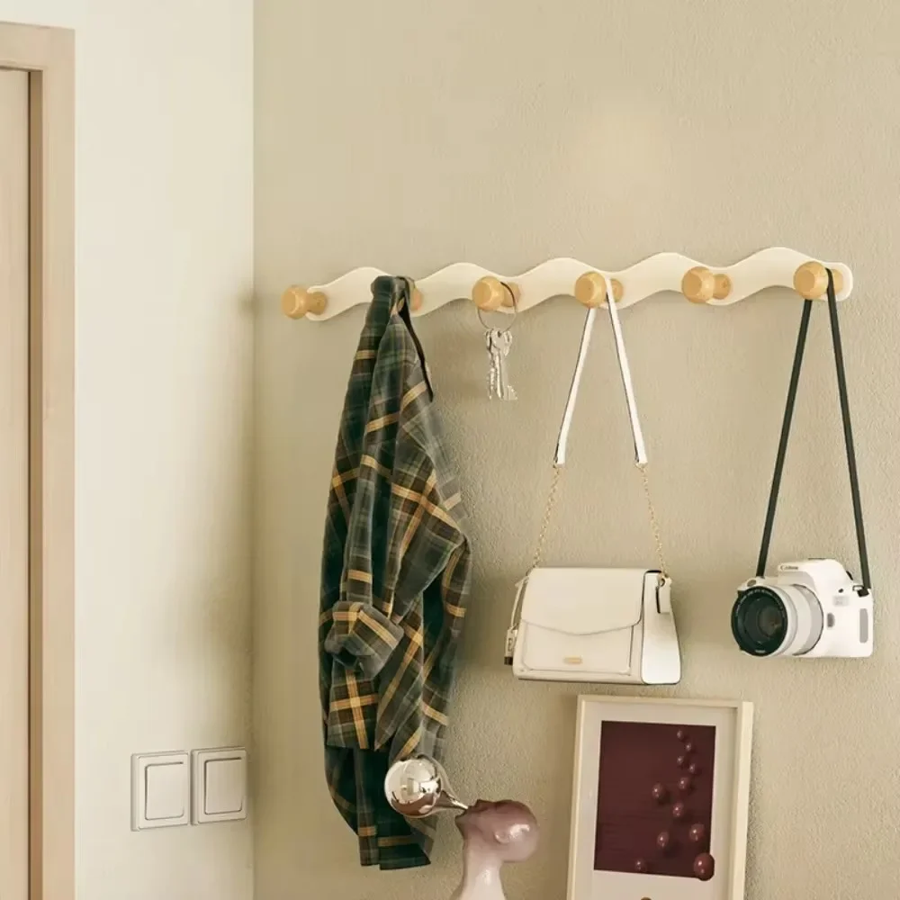 Wall Mount Coat Rack Porch Bathroom Clothes Hook Creative Wave Iron Hook Row No Punch Multi-Functional Wooden Hanger Coat Hooks