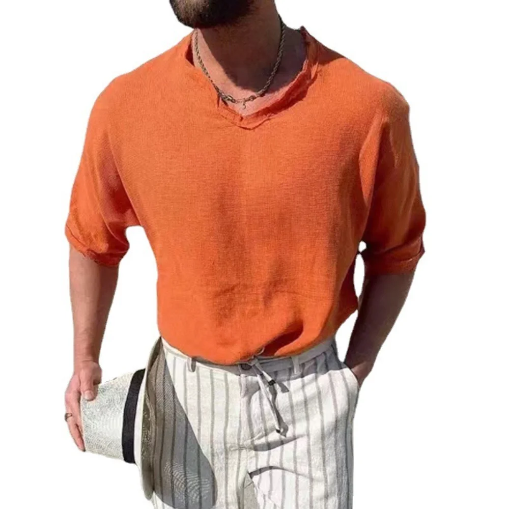 New Men's V Neck Cotton Linen T Shirts Male Breathable Solid Color Long Sleeve Casual Loose T