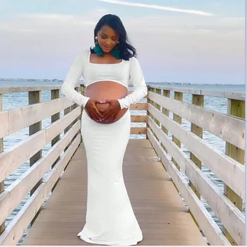 Maternity Photo ShootSolid Color Cutout High Neck Crop Top 2-in-1 Long Sleeve Bodycon Club Party Photoshoot Pregnancy Maxi Dress