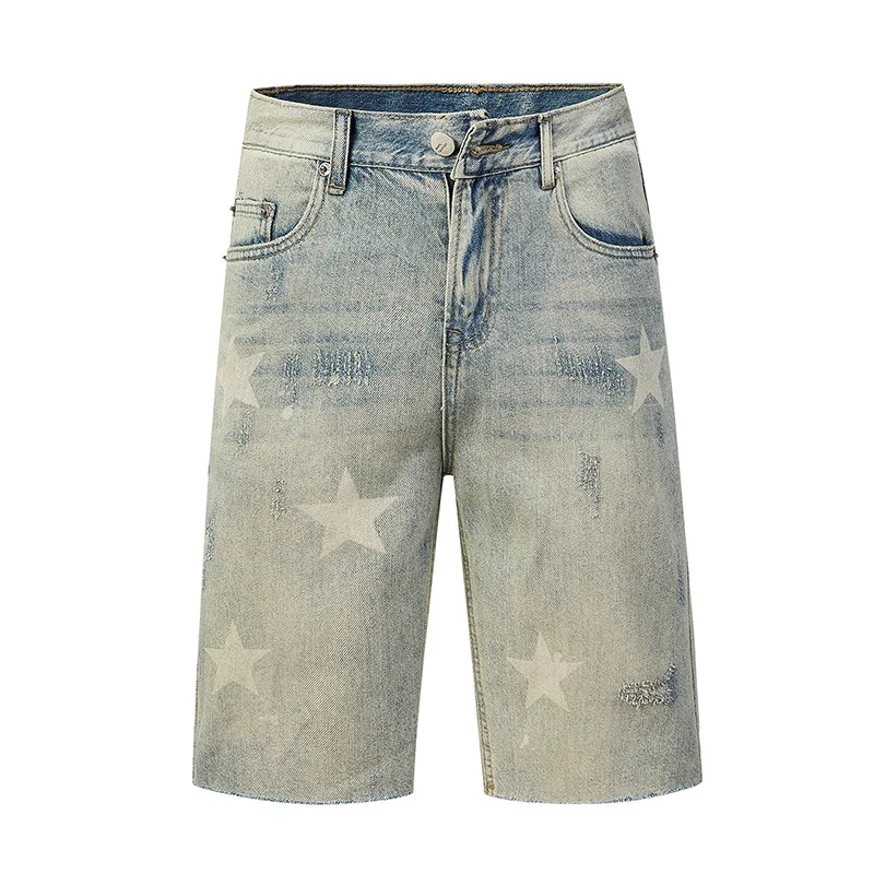Summer Vintage Denim Shorts, Men's Retro Washed Knee Length Pants, High Street Thin Star Print Shorts