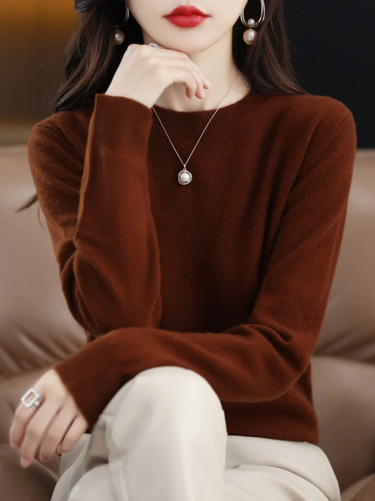 

New Fashion Spring Long Sleeve Cashmere Women Knitted Sweater 100% Pure Merino Wool O-Neck Pullover Clothing Knitwear Basic Top