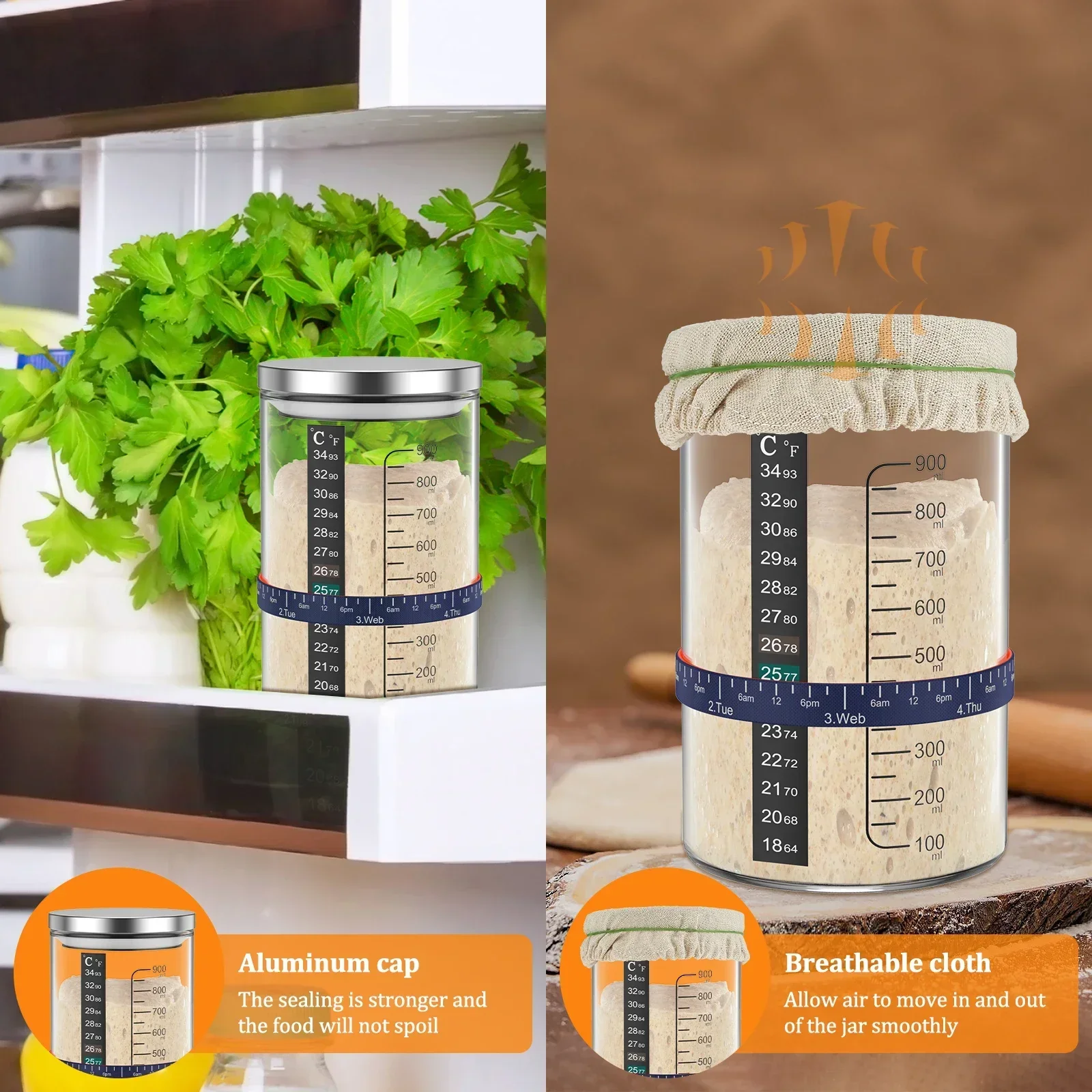 Sourdough Starter Jar 900ml Sourdough Starter Container with Spatula Feeding Band Reusable Glass Sourdough Fermentation Jar