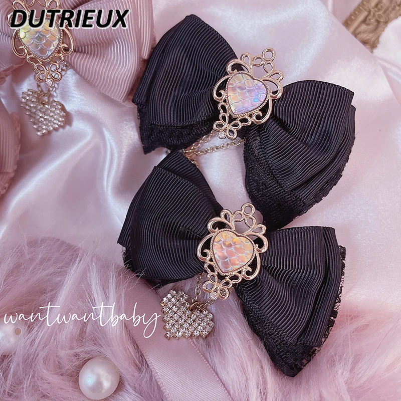 

Kawaii Sweet Girl Hair Clip Headdress Accesorios Mine-Tied Lolita Cute Elegant Bow Love Heart Side Clip Hairpin Hairbows